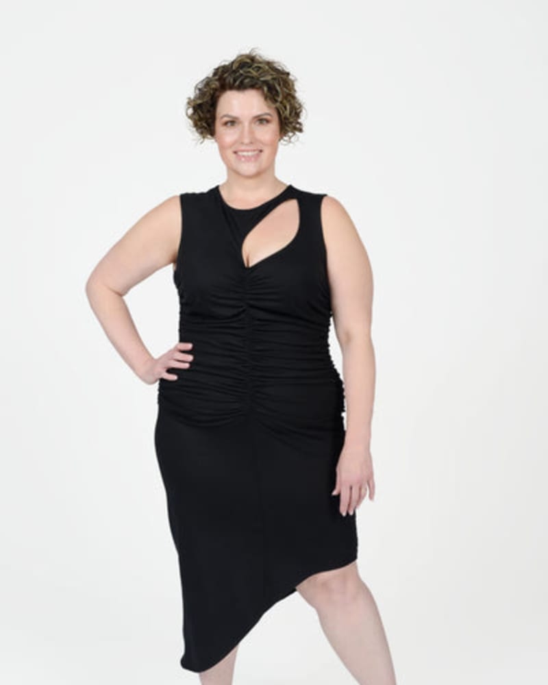 Front of a model wearing a size 18|20 Sarah Cutout Ruched Tank Dress in Black by MAYES NYC. | dia_product_style_image_id:282100